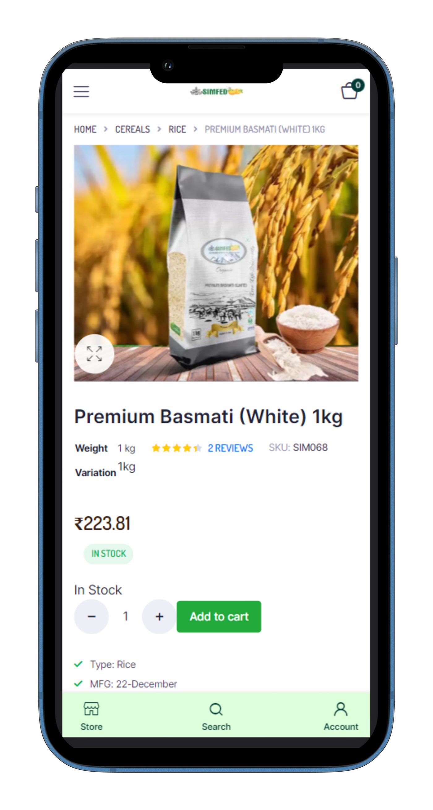 Mobile e-commerce listing for packaged organic rice.